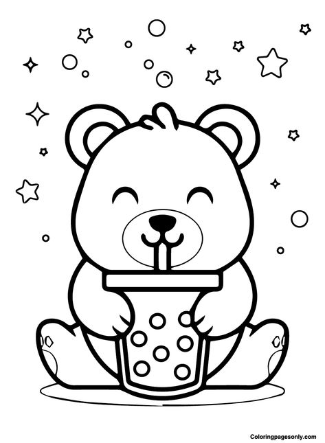 Cute Bear With Boba Tea Boba Coloring Page, Sanrio Boba, Printable Sanrio, Tea Coloring Pages, Kawaii Drinks, Coloring Pages Preschool, Panda Coloring Pages, Easter Coloring Book, Puppy Coloring Pages