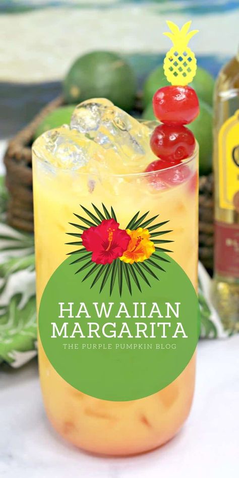 This Hawaiian Margarita cocktail is full of tropical flavours and perfect for luau party. It's a twist on a traditional margarita, made with pineapple juice and coconut water, in addition to the usual tequila, triple sec, and limes - totally delicious! #HawaiianMargarita #HawaiianCocktails #TropicalCocktails #ThePurplePumpkinBlog #Cocktails #PartyCocktails Hawaiian Margarita, Strawberry Lemon Blondies, Tropisk Fest, Lemon Blondies, Cocktail Margarita, Hawaiian Cocktails, Traditional Margarita, Liquor Drinks, Margarita Cocktail