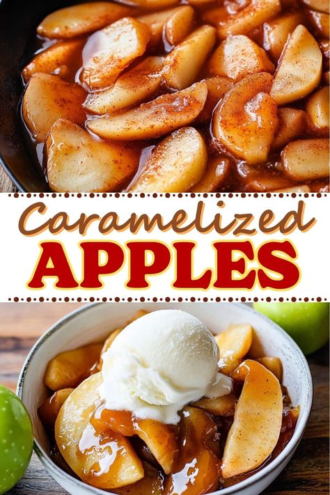 Craving something warm, sweet, and fruity? Try these easy caramelized apples! Ready in minutes, they're great as a topping for ice cream, pancakes, and more. Apple Sauce For Ice Cream, Apple Pie Ice Cream Topping, Baked Apples With Ice Cream, Fruit Topping For Ice Cream, Apple Topping For Ice Cream, Carmalized Apples How To Make, Apple Dishes Desserts, Ambrosia Apple Recipes, Apple Ice Cream Topping