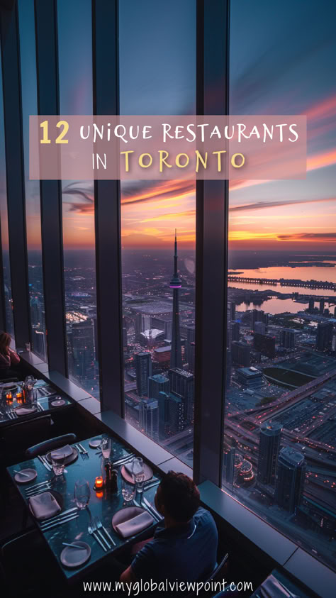 View from a high-rise restaurant in Toronto during sunset, featuring a dining table setup and a breathtaking skyline including the CN Tower, one of the coolest unique restaurants in Toronto. Weekend In Toronto Canada, Toronto Canada Restaurants, Toronto Restaurants Aesthetic, Toronto Restaurants Downtown, Uoft Toronto Aesthetic, Things To Do In Toronto Canada, Toronto Canada Aesthetic, Canada In Winter, Toronto Vacation