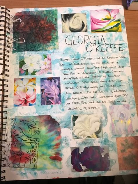 Georgia Okeeffe Gcse Sketchbook, Gcse Art Sketchbook Georgia Okeefe, Flower Research Page, Artist Research Page Gcse Flowers, Georgia O Keefe Artist Research Page, Georgia Okeefe Gcse Sketchbook, Georgia Okeefe Artist Research Page, Research Page Ideas, A Level Art Sketchbook Layout