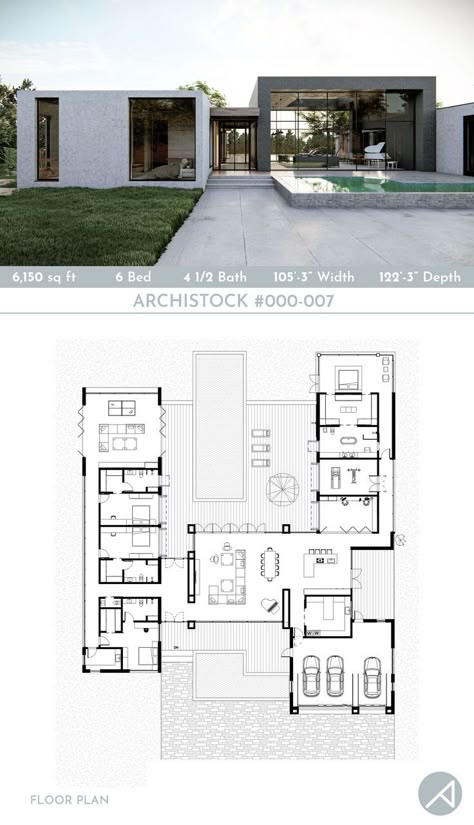 4500 Sq Ft House Plans Modern, House One Floor Modern, Garage Dimensions Floor Plans, 4 Car Garage House Plans Modern, 4 Bedroom One Story House Plans Modern, One Floor Modern House Design, One Story 4 Bedroom House Plans Modern, Plan With Dimensions, Modern 6 Bedroom House Plan