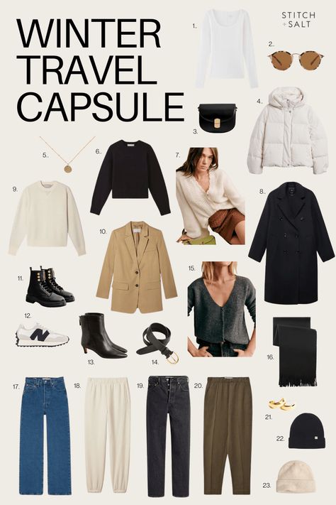 Winter Travel Capsule - Stitch & Salt Uk Travel Outfits Winter, Winter Travel Carry On, 3 Day Winter Trip Packing, Winter Luggage Packing, Work Travel Packing List, How To Pack Light For Cold Weather, Winter Capsule Travel Wardrobe, Winter Carry On Capsule Wardrobe, 54321 Packing Winter