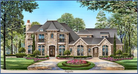 This luxurious European mansion is a great fit for any family. The entrance of this home features double wrought iron metal doors, welcoming you into the grand foyer. Two Story House Plans, French Country House Plans, European House Plan, Grand Foyer, European Home, Casas Coloniales, Garden Tub, European House, Luxury House Plans