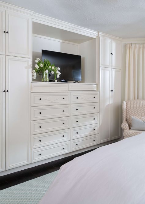 Peekskill — Sherrell Design Studio Built In Bedroom Storage Wall, Built In Cabinet Design Bedroom, In Wall Drawers, Bedroom Storage Built In, Built In Wall Dresser Bedroom, Two Armoires In Bedroom, Wall Of Built Ins Bedroom, Bedroom Wall Of Storage, Box Room Layout