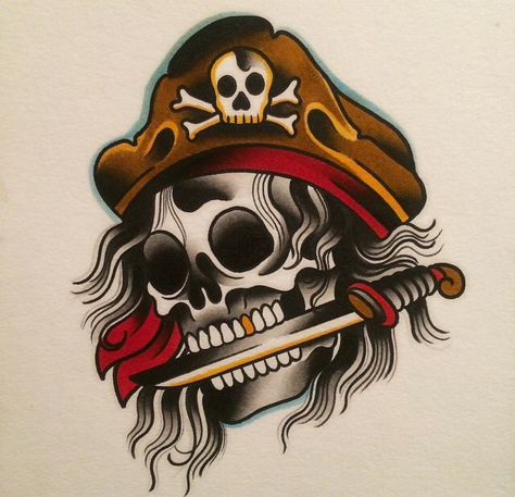 Pirate Head Tattoo, Oldschool Tattoo Traditional Colour, Pirate Tattoo Traditional, Traditional Pirate Tattoo, Traditional Nautical Tattoo, Traditional Compass Tattoo, Traditional Ship Tattoo, Pirate Skull Tattoos, Half Sleeve Tattoos Sketches