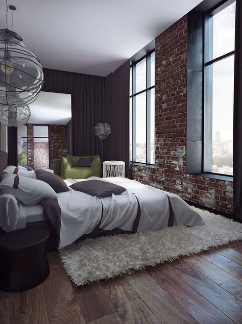 Picture Of a contemporary bedroom is spruced up with a fake red brick wall that makes it less polished and more interesting Brick Wall Bedroom, Brick Bedroom, Red Brick Walls, Red Brick Wall, Teen Girl Bedroom, Brick Walls, Wall Bedroom, Red Bricks, Contemporary Bedroom