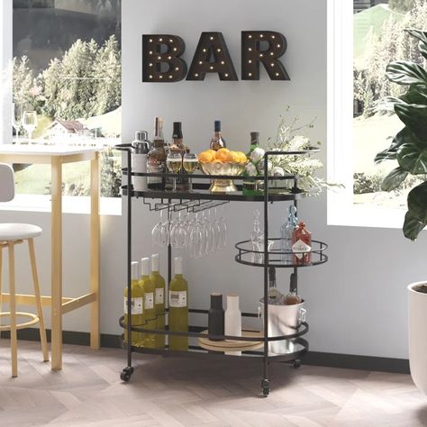 Ebern Designs Metal Bar Cart | Wayfair Bar Cart Black, Metal Bar Cart, Deck Box Storage, Garage Storage Cabinets, Bathtub Accessories, Metal Bar, Shed Storage, Game Room Furniture, Lighting Sale