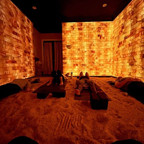 Himalayan salt therapy a wellness treat... Visit us now salt bricks.us Call us (636) 642-4787 #saltroom #spa #sauna #salttherapy #guides #trends #virals Salt Wall Sauna, Salt Therapy Room, Himalayan Salt Wall, Salt Sauna, Spa Architecture, Salt Room Therapy, Holistic Retreat, Salt Cave Spa, Himalayan Salt Room