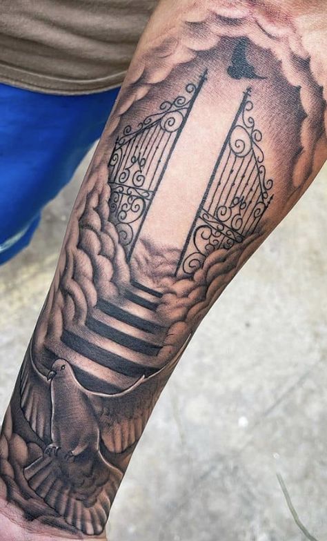 Stairs To Heaven Tattoo, Gates Of Heaven Tattoo, Xmen Tattoo, Rip Tattoos For Dad, Stairway To Heaven Tattoo, Religious Tattoo Sleeves, Cloud Tattoo Sleeve, Heaven Tattoo, Memorial Tattoo Ideas