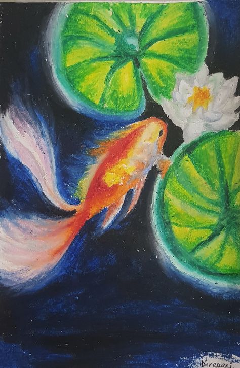 Koi Fish Drawing done with Oil pastel colours. Koi Fish Drawing Oil Pastel, Koi Oil Pastel, Things To Draw Colour, Fish Crayon Drawing, Fish Drawing Oil Pastel, Drawing With Pastel Colors, Drawing With Chalk Pastels, Drawing With Painting Colours, Colourful Fish Drawing