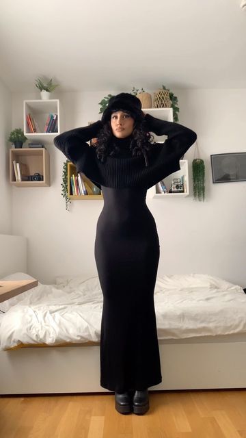 K 🐥 on Instagram: "#ootd #grwm @skims" Skims Dress Outfit Ideas Casual, Black Dress Outfits Aesthetic, Cute Fall Dresses Casual, Date Outfit Black, How To Style Long Maxi Dress, Long Black Dress Styling, Styling Long Black Dress, Long Sleeve Skims Dress Outfit, How To Style A Long Black Dress