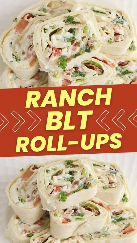 BLT pinwheels are a tasty appetizer packed with classic BLT flavor. Made with crispy bacon, shredded lettuce, juicy tomatoes, and ranch dressing, they are a fun bite-sized alternative to blt sandwiches. They are the perfect finger food for holiday parties, picnics, game day, or even the kids' lunch box! Ranch Blt Pinwheels, Blt Pita Pocket, Blt Roll Ups Appetizers, Mini Blt Sandwiches, Blt Tea Party Sandwiches, Blt Pinwheels Roll Ups, Sides For Blt Sandwiches, Blt Appetizer Bite Size, Pin Wheel Sandwiches Recipes