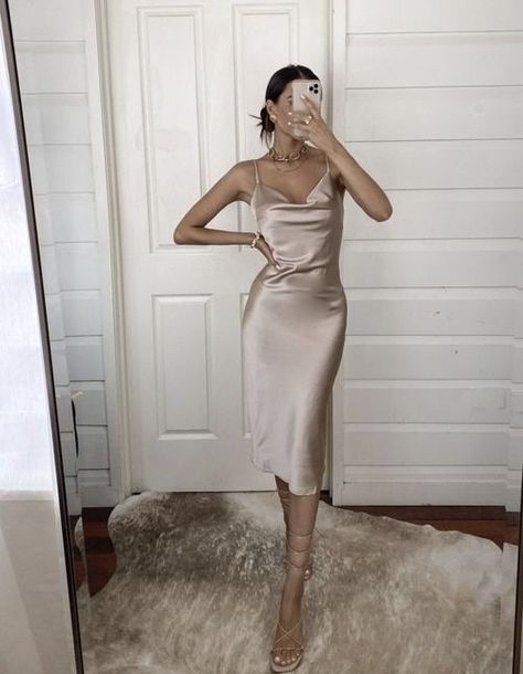 Engagement Party Outfit, Engagement Party Dresses, Recruitment Outfits, Champagne Dress, Wedding Attire Guest, Beige Dresses, Silk Midi Dress, Satin Slip Dress, Cowl Neckline