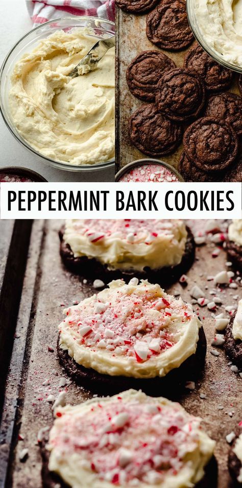 Soft and chewy chocolate cookies filled with chocolate chunks and topped with peppermint white chocolate frosting and crushed candy canes. This peppermint bark cookie recipe is one of the best Christmas cookie recipes for a crowd. | chocolate peppermint bark cookies recipe | peppermint bark cookies Ghirardelli | peppermint bark cookies recipe Chocolate Peppermint Swig Cookies, Peppermint Bark With Dark Chocolate, Krinkle Christmas Cookies, Peppermint Candy Cookies, Chocolate Peppermint Recipes, Peppermint Chip Recipes, Cookies With Crushed Peppermint, Peppermint Candy Recipe, Christmas Cookies Chocolate Peppermint