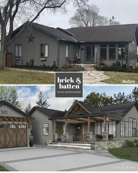 Exterior Ranch Remodel, Roof Courtyard, Grey House Paint, Exterior House Options, Home Remodeling Exterior, Ranch House Remodel, Painted Brick House, Ranch House Exterior, Exterior House Ideas