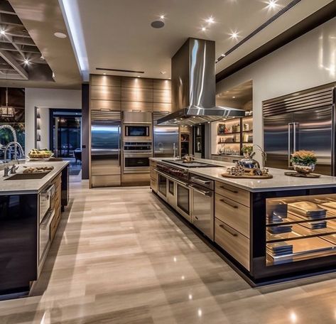 Luxury Chef Kitchen Home, Big Houses Interior Kitchens, Gourmet Kitchen Design Open Concept, Mansion Kitchen Luxury Modern, Huge Kitchen Luxury, Chef Kitchen Home, Big Open Kitchen, Hiasan Dalaman Dapur, Giant Kitchen