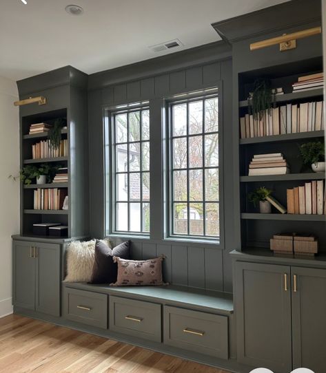 Window Seat Design, Speak Easy, Built In Shelves Living Room, Entry Ideas, Modern Colonial, Ikea Bookshelves, Library Room, Home Library Design, Dream Office