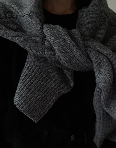 Grey Aethstetic, Knitting Aesthetic Dark, Black Sweater Aesthetic, Arket Wool, Scarf Aesthetic, Black Wool Sweater, Flannel Trousers, Agolde Jeans, Mood And Tone