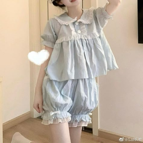 Cute Outfits Sleep, Sleepy Outfits, Dollcore Outfits, Blue Pajamas, Pajamas Dress, Pajamas Aesthetic, Cottagecore Clothes, Kawaii Outfits, Cute Pajama Sets