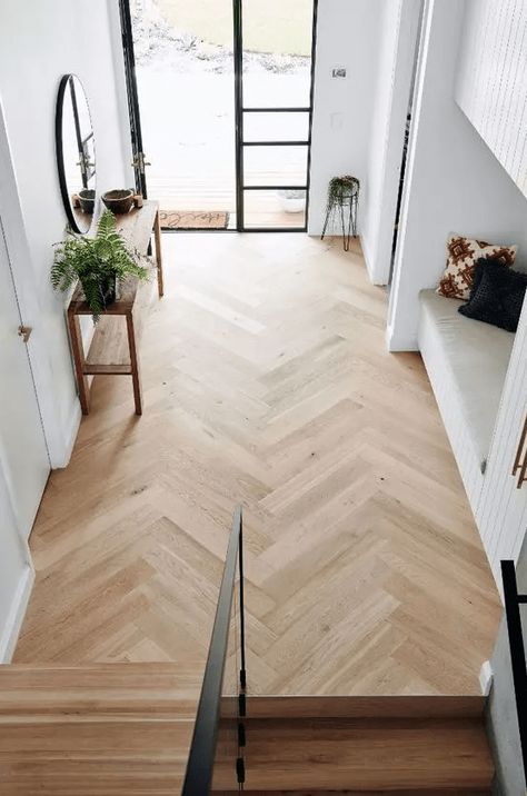 Flooring Ideas Parquet, Parquetry Flooring Herringbone, Oak Flooring Herringbone, Timber Flooring Living Room, Timber Flooring Ideas, Timber Floors Living Room, Light Oak Parquet Flooring, Oak Herringbone Floor Hallway, Timber Floor Living Room