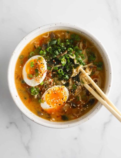 Spicy Miso Soup with Ramen - The Healthy Epicurean Shitake Ramen Noodle Recipes, Shitake Miso Ramen, Spicy Ramen Soup Recipe, Miso Soup Bokchoy, Peanut Butter Miso Ramen, Miso Ramen Broth Recipe, Miso Dishes, Miso Ramen Soup Recipe, Miso Ramen Soup