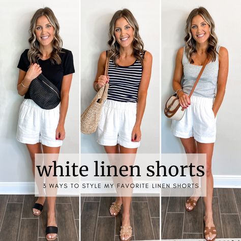 Pull-on linen short curated on LTK Linen Short Outfits Summer, White Shorts Outfit Beach, What To Wear With Linen Shorts, Beige Linen Shorts Outfit Summer, White Linen Shorts Outfit Summer, How To Style Linen Shorts, Linen Shorts Outfits Women, Beige Linen Shorts Outfit, Summer Beach Outfit Women Vacations