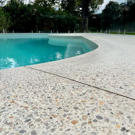 Pool Area Landscaping, Concrete Landscaping, Pool Concrete, Townhouse Backyard, Honed Concrete, Backyard Vibes, Pool Paving, Pool Surrounds, Pool Decking