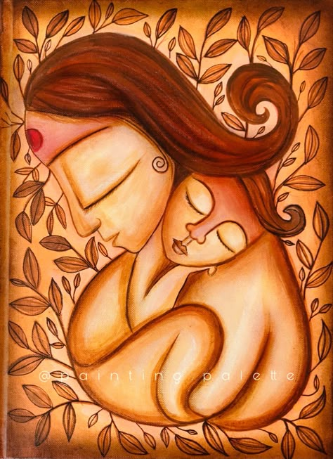 Motherhood Painting Easy, Paintings For Mothers, Mother Art Drawing, Mother And Children Art, Madhubani Paintings Traditional, Traditional Madhubani Art, Painting For Mom, Traditional Art Painting, Mom Painting