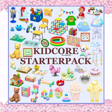 Daily Animal Crossing Cuteness on Instagram: “Tell me, if you have a kidcore island, what did I forget to add?🥰⠀ ⠀ Hi cuties! There are sooo many furniture in ACNH that could really…” Kidcore Island Flag Acnh, Acnh Kidcore Island Map, Kidcore Animal Crossing Clothes, Acnh Kidcore Tiles, Acnh Hhp Kidcore, Acnh Natural Kidcore, Acnh Kidcore Villagers, Animal Crossing Cute Codes, Animal Crossing Island Inspiration Kidcore