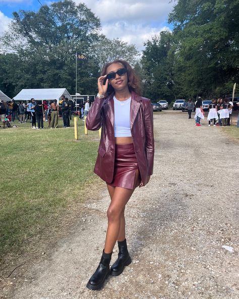 Forever 21 Burgundy Leather Jacket and Skirt Set 
Rack Room Shoes Booties Homecoming Tailgate Outfit, Tailgate Outfit, Homecoming, My Style