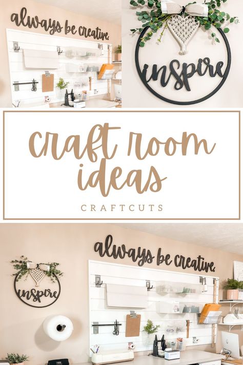 Craft Room Wall Decal Ideas, Craft Room Words Wall Decor, How To Make Wall Art With Cricut, Craft Room Pictures Wall Art, Craft Room Sign Ideas, Cute Craft Room Decor, Farmhouse Craft Room Decor, Crafting Room Decor, Craft Room Sayings Wall Decor