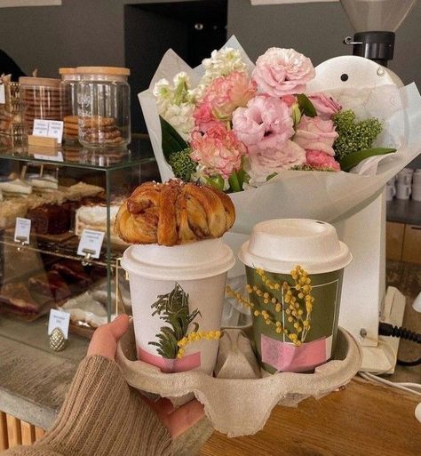 Spring Cafe Aesthetic, Girly Coffee Shop Aesthetic, Flowers Coffee Shop, Flowers And Coffee Shop, Girly Spring Aesthetic, Spring Coffee Aesthetic, Starbucks And Flowers, Cafe Vibes Aesthetic, Flower And Coffee