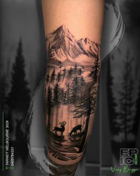 Hunting Tattoo Sleeve Mens, Hunting Forearm Tattoo Men, Deer Tattoos For Women Half Sleeves, Deer Landscape Tattoo, Hunting Arm Sleeve Tattoo, Nature Scene Tattoo Men, Deer Tattoo Sleeve For Men, Mountain Deer Tattoo, Deer With Mountains Tattoo