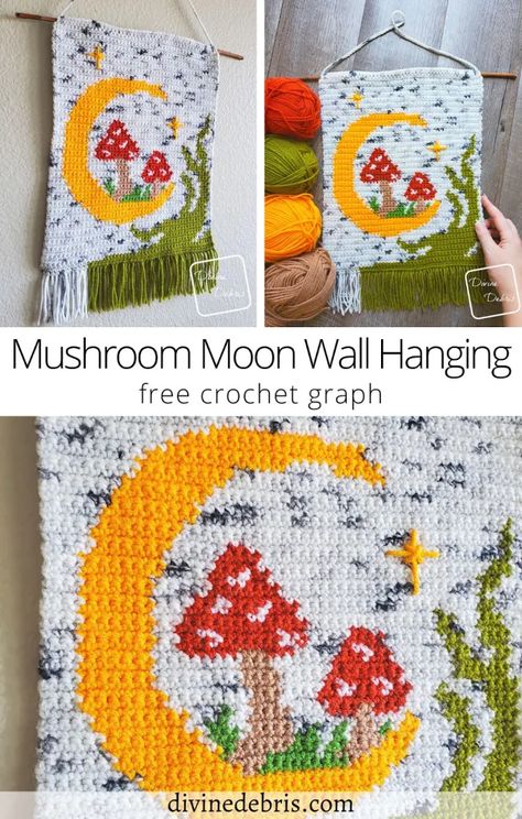 Mushroom Moon, Moon Wall Hanging, Crochet Wall Art, Confection Au Crochet, Crochet Mushroom, Crochet Wall Hangings, Tapestry Crochet Patterns, Moon Pattern, Crochet Simple