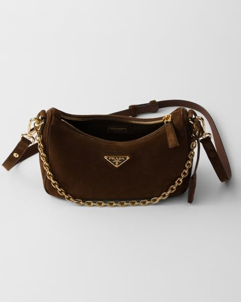 Cocoa Brown Prada Re-Edition suede mini-bag | PRADA Prada Small Bag, Prada Bag Outfit, Prada Purses, Leather Key Ring, Prada Re Edition, Bag Prada, Handbag Essentials, Buy Bags, Cocoa Brown