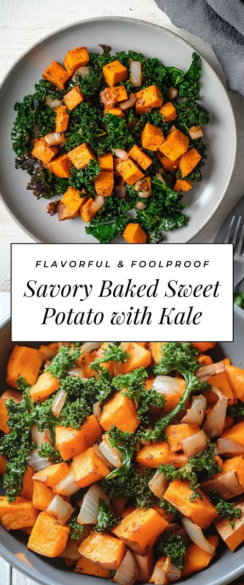 Image for Savory Baked Sweet Potato with Kale Roasted Kale And Sweet Potato, Sweet Potato Kale Recipes, Sweet Potato And Kale Recipes, Yam Recipes Healthy, Sweet Potato Healthy Recipe, Sweet Potato Kale Soup, Yams Recipe Healthy, Kale Sweet Potato Soup, Healthy Sweet Potato Recipes