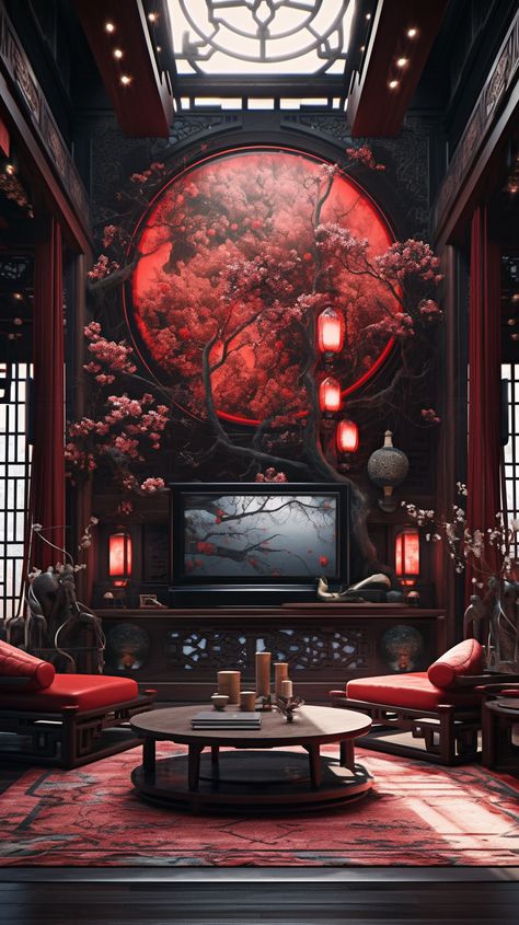 A modern living room with traditional Chinese home interior design. This is an AI artwork made with Midjourney. China Traditional Art, Chinese Style Room, Chinese Design Interior, Chinese Aesthetic Room, Chinese Interior Traditional, Anime Interior Design, Modern Orientalism Interior, Modern Chinese House Interior, Traditional Chinese Room