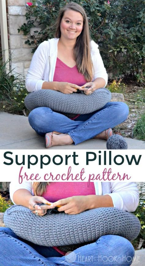 Sore neck, shoulders, elbow, or hands from working on your lap? You may be experiencing crochet fatigue, which means you need a pillow support!  Use this free pattern to make one. #crochet #freepattern #yarn #crocheting Crochet Floor Pillow Free Pattern, Diy Tricot, Crochet Unique, Crochet Cushion Cover, Crochet Pillow Pattern, Crochet Pillows, Crochet Cushions, Haken Baby, Crochet Tips