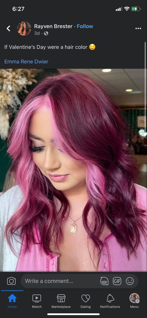 Blonde With Pink Money Piece, Raspberry Pink Hair, Pink Money Piece Hair, Raspberry Hair Color, Pink And Red Hair, Life Aspirations, Italy Hair, Raspberry Hair, Pink Hair Highlights