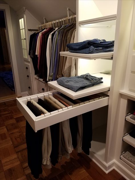 Custom Walk-in Closet, slanted ceilings...full extension pull-out pants rack. Dressing Design, Attic Closet, Pants Rack, Dream Closet Design, Walk In Closet Design, Closet Design Layout, Luxury Closets Design, Closet Renovation, Open Closet