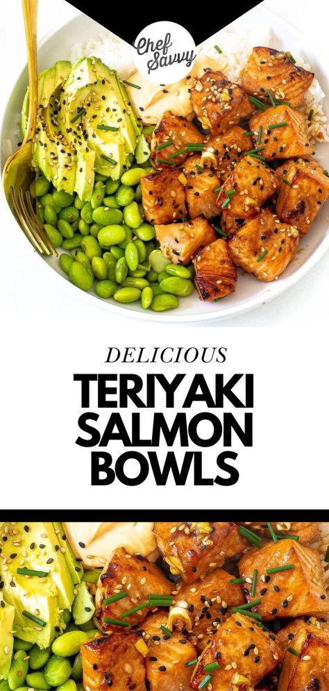 Save this Easy Healthy Teriyaki Salmon Bowls Recipe. Teriyaki Salmon Bowls combine savory sweet salmon bites with fluffy rice and vibrant vegetables to create a well-balanced and wholesome meal! Served with a delicious spicy mayo sauce! Have these delicious bowls ready in under 30 minutes for an easy weeknight meal! Follow Chef Savvy for more Under 30 Minute Easy Meals! Healthy Salmon Lunch Meal Prep, 30 Minute Salmon Bowl, Macro Friendly Salmon Recipes, Teriyaki Salmon Bowls Healthy, Salmon Bite Bowl, Cooked Salmon Bowl, Teriyaki Salmon Bowl Recipe, Salmon With Quinoa Recipe, Salmon Bowls Recipes