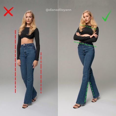 Comment “POSE” to get content creation guide for free!👇🏻 Striking the perfect pose can make all the difference in how confident and powerful you look in photos. The left side shows how a rigid, straight stance can make you look less dynamic, while the right side demonstrates how a simple adjustment can create a more elegant and flattering silhouette🥰 Share with a friend and follow @dianadiloyann for more useful tips ❤️ #howtopose #poseideas #photography #photoidea Pose Reference Photo Elegant, Confident Walk Pose, How To Pose Confidently, Confident Poses For Women, Confident Woman Pose, Back Side Photo Pose, Power Stance Pose Reference, Simple Poses Reference, Side Pose Reference