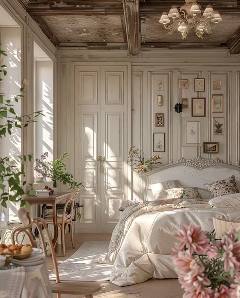 Luxury Parisian Apartment, Classic French Apartment, Vintage Paris Bedroom Aesthetic, Parisian Interior Aesthetic, Classy Vintage Bedroom Aesthetic, Beige Decor Aesthetic, Romantic Regency Aesthetic, Romantic Style Interior Design, Regency Room Aesthetic