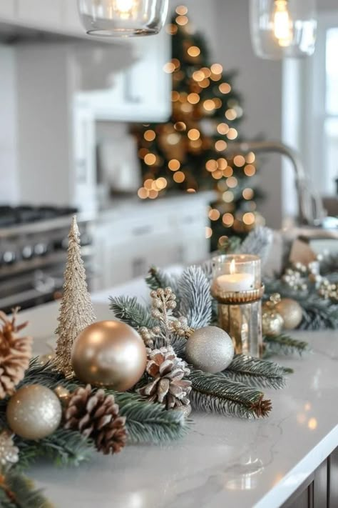 Festive Christmas Kitchen Decor Ideas for the Holidays Modern Christmas Decor Kitchen, Evergreen Christmas Tree, Classy Christmas Kitchen Decor, Christmas Kitchen Bar Decor, White Kitchen Christmas Decor, Kitchen Island Christmas Centerpiece, Christmas Kitchen Island Decor, Christmas Countertop Decor, Christmas Kitchen Island