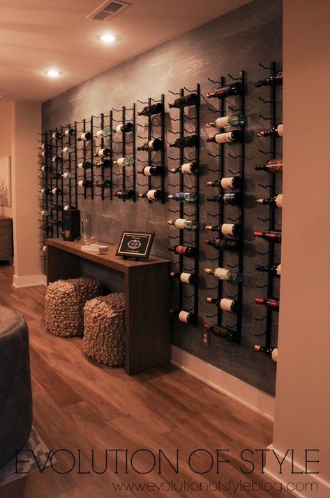 Wine Rack Dining Room Wall, Wine Wall Basement, Wine Walls Dining Room, Diy Wine Wall Rack, Wall Wine Storage Ideas, Wall Wine Rack Ideas Dining Rooms, Wine Wall Dining Room, Diy Wine Rack Wall, Wall Wine Rack Ideas