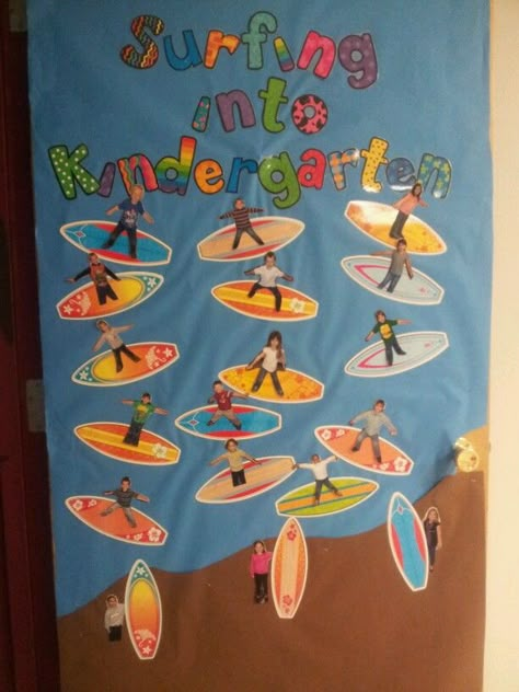 Surfing into Kindergarten! I love my adorable door decoration for the end of the year and it goes perfect with my beach themed classroom! Beach Bulletin Boards, Beach Classroom Theme, Beach Themed Classroom, Beach Classroom, Preschool Door, Beach Theme Classroom, Classroom Door Decorations, Summer Bulletin Boards, Ocean Classroom