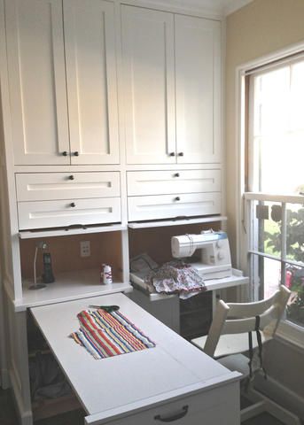 Built In Sewing Machine Table, Craft Built Ins, Built In Sewing Center, Craft Room Built In Storage, Sewing Table In Bedroom, Pull Out Sewing Table, Pull Out Craft Table, Murphy Craft Table Storage, Sewing Room Built Ins