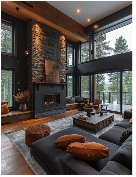 Open Window House, Industrial Style Fireplace, Barndo Living Room Ideas, Black Barndominium Interior Ideas, Mountain Lodge Living Room, Moody Farmhouse Living Room, Dark Modern Living Room, Dark Farmhouse, Mountain Ideas