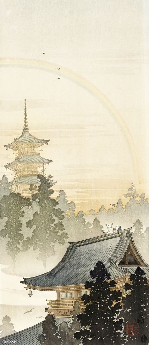 Pagoda and rainbow (1900 - 1910) by Ohara Koson (1877-1945). Original from The Rijksmuseum. Digitally enhanced by rawpixel. | free image by rawpixel.com / Rijksmuseum (Source) Free Illustration Images, Ohara Koson, Japanese Wall Art, Traditional Japanese Art, Japanese Wall, Art Japonais, Japanese Painting, Rainbow Art, Japanese Prints